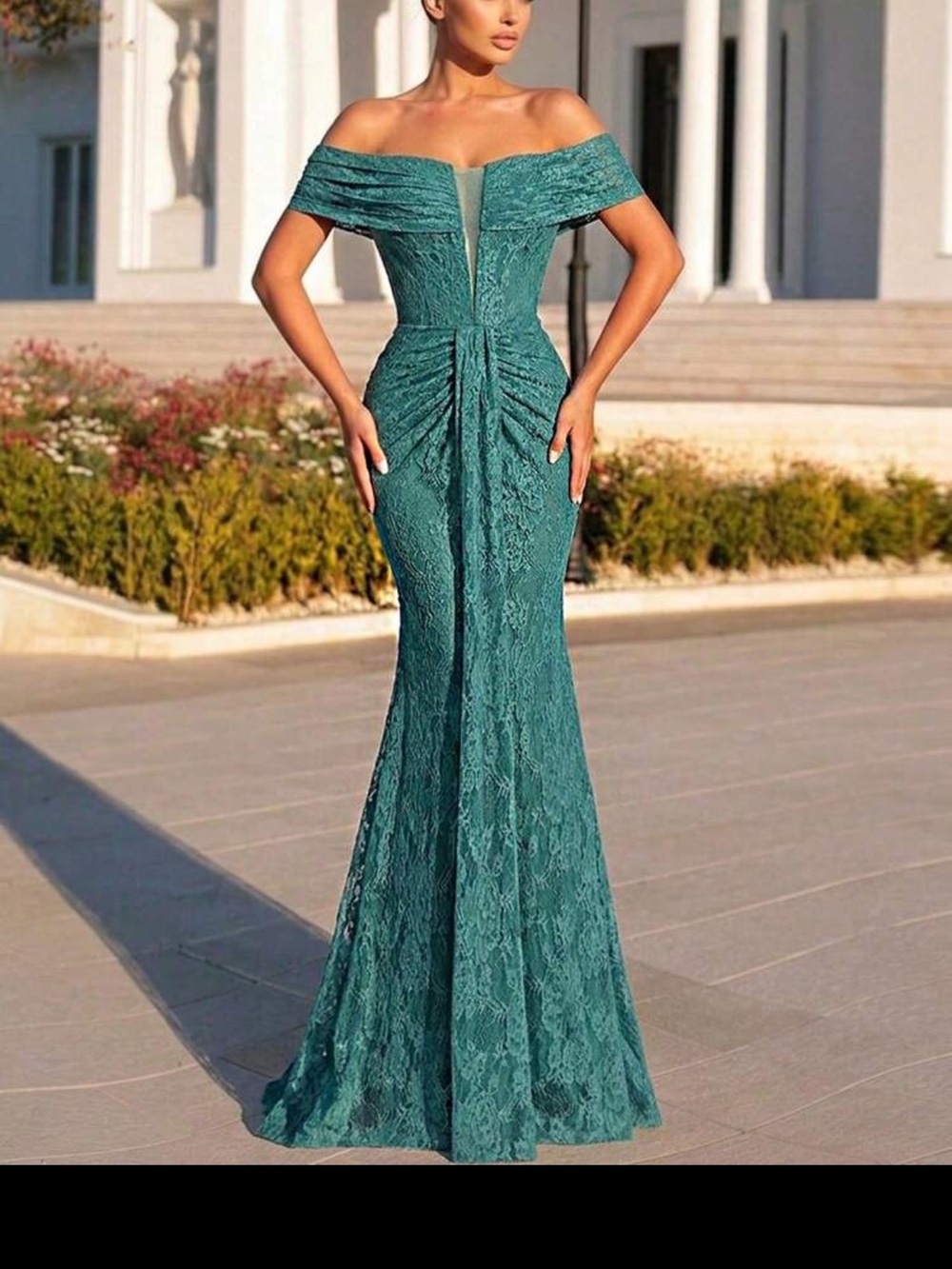 Off-Shoulder Teal Lace Evening Gown